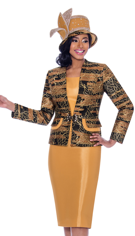 Susanna 3921-GO ( 3pc Silk Look With Novelty Skirt Suit With Leaf Outline Pattern Design Jacket )-Hat