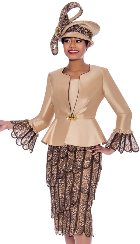 Susanna 3935-GO ( 3pc Silk With Organza Womens Church Suit With Solid Peplum Jacket And Layered Petal Design Skirt )-Hat