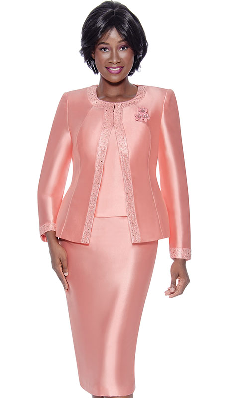 Terramina 7637-COR ( 3pc Silk Look Womens Church Suit With Sparkle Trim And Small Floral Brooch )