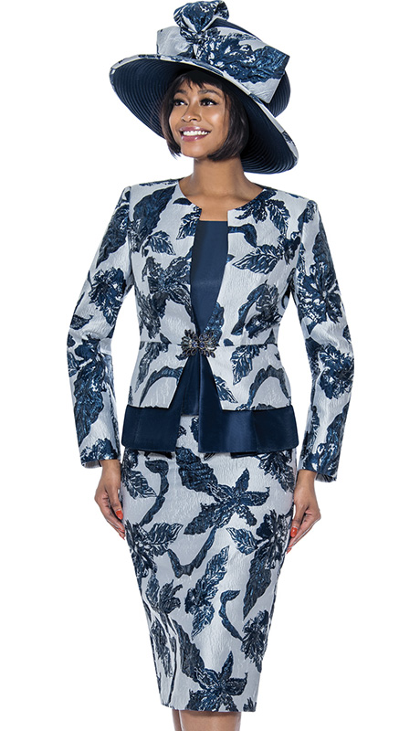 Terramina 7918-WWN-H ( 3pc Silk Look Womens Church Suit With Metallic Brocade Pleated Peplum Suit With Gemstone Clasp )-Hat