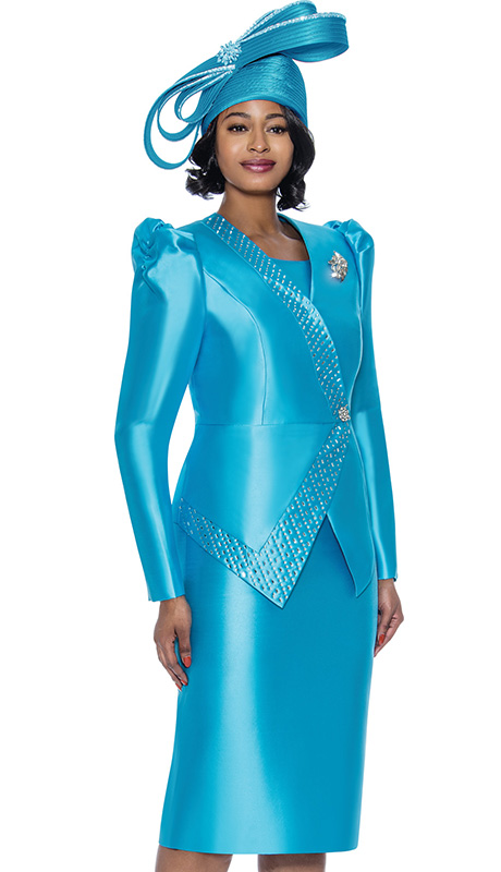 Terramina 7919-TUR-H ( 3pc Silk Look Womens Church Suit With Jewel Trim, Puffed Shoulders, And Jeweled Brooch )-Hat