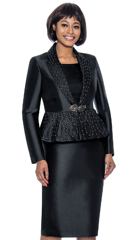 Terramina 7964-BLK-H ( 3pc Silk Look Womens Church Suit With Beaded Pattern, Peplum, Notched Lapels, And Jeweled Clasp )-Hat