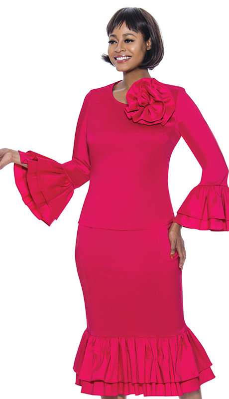 Terramina 7983-PNK-H ( 1pc Silk Look Womens Church Suit With Flared Ruffle Hem And Sleeves )-Hat