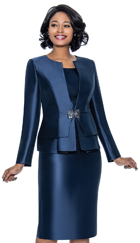 Terramina 7990-NVY-CO ( 3pc Silk Look Womens Church Suit With Pleated Peplum And Rhinestone Clasp )