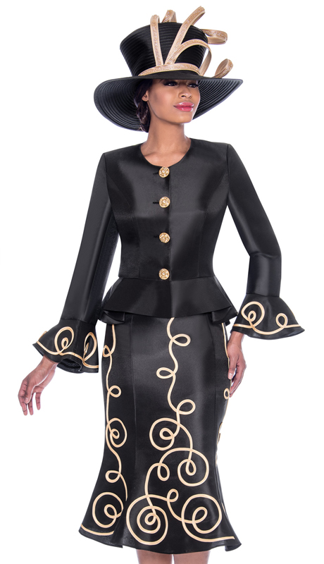 Terramina 7784-BK ( 2pc Silk Look Flared Skirt Suit With Piping Adornment Design And Bell Cuff Peplum Jacket )-Hat