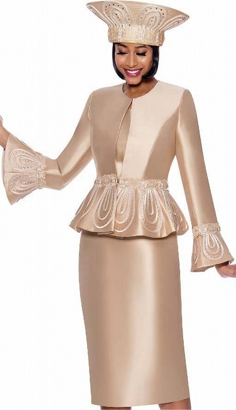 Terramina 7862-CH ( 3pc Womens Church Suit With Peplum Bell Cuff Sleeve Jacket )-Hat