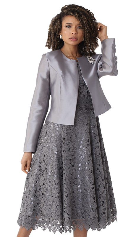 Tally Taylor 4529-GR-IH ( 2pc Silk Womens Sunday Dress With Detachable Rhinestone Brooch Graceful Pleated Lace And Silk Jacket )