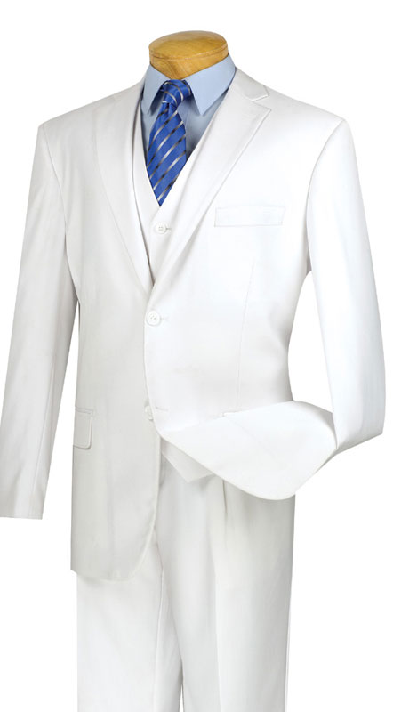 Vinci Mens Suit V2TR-WH ( 3pc Single Breasted, Two Buttons,  Side Vents, Flat Front Pants, Pure Solid )