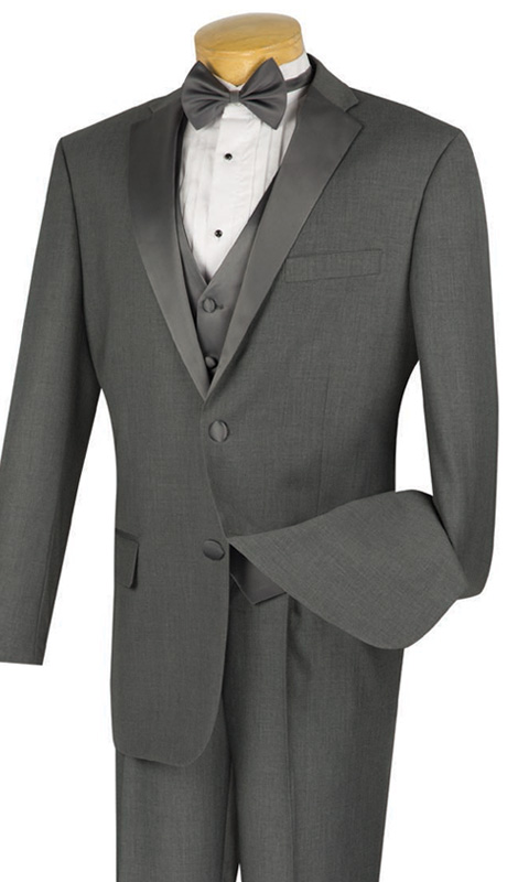 Vinci Mens Suit 4TV-1-GRA  ( 4pc Single Breasted Tuxedo With Vest And Bow Tie, Two Buttons, Single Pleated Pants With Flexible Waist Band )