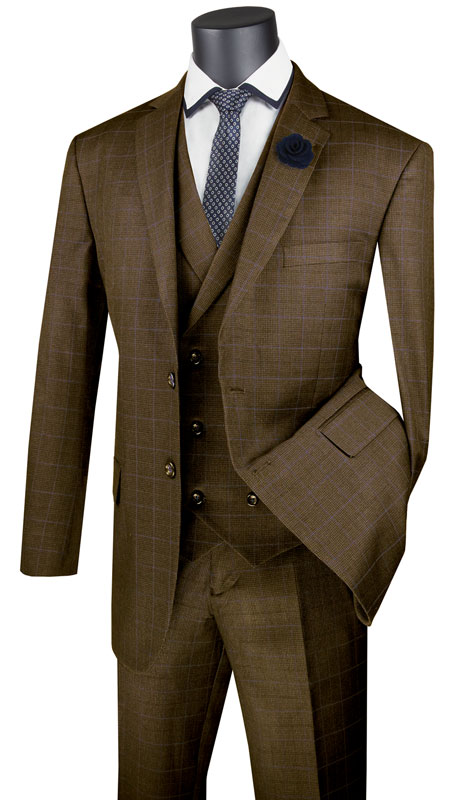 Vinci Mens Suit V2RW-13-TAU ( 3pc Single Breasted 2 Button Suit With Notch Collar Vest, Side Vents And Flat Front Pants ) 