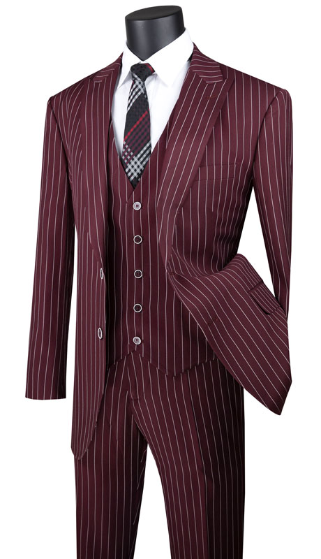 Vinci Mens Suit V2RS-9-BUR ( 3pc Single Breasted, Peak Lapel, Banker Stripe )