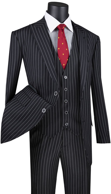 Vinci Mens Suit V2RS-9-BK ( 3pc Single Breasted 2 Button Vested Suit With Peak Lapel, Gangster Stripe, Side Vents And Flat Front Pants ) 