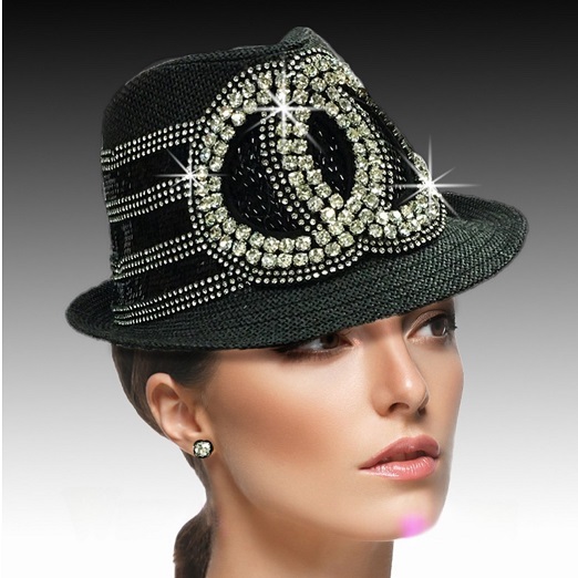 Church Hat 1897 Minnie-BK ( Fedora With Rhinestone Gemini Circles )