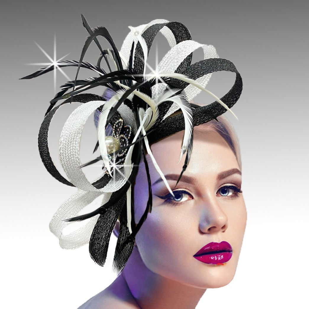 FA2745 SIMONE-BLK-WHT ( Metallic Loop Fascinator ) 